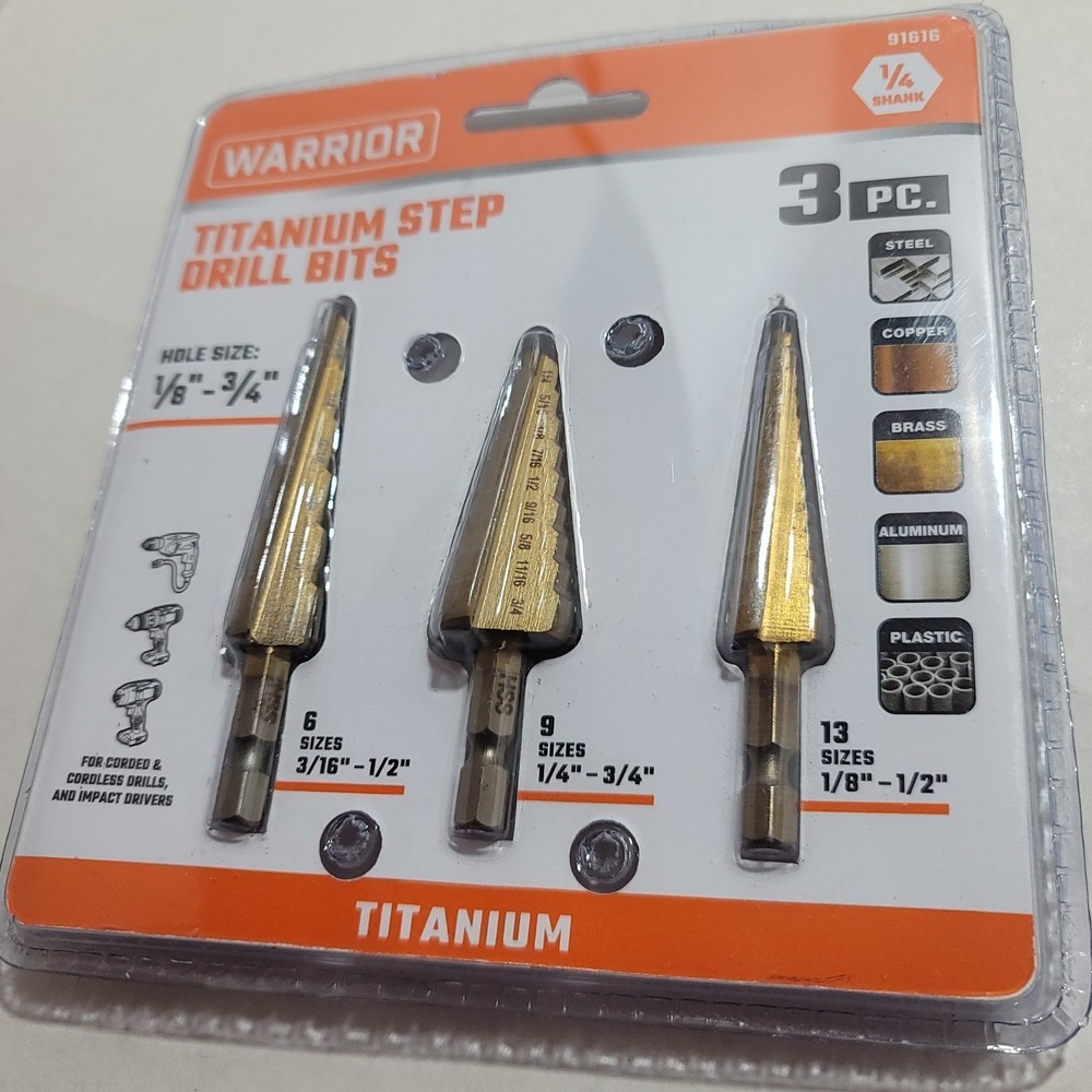 WARRIOR 3pc Titanium‎ Step Drill Bits #91616 New Sealed